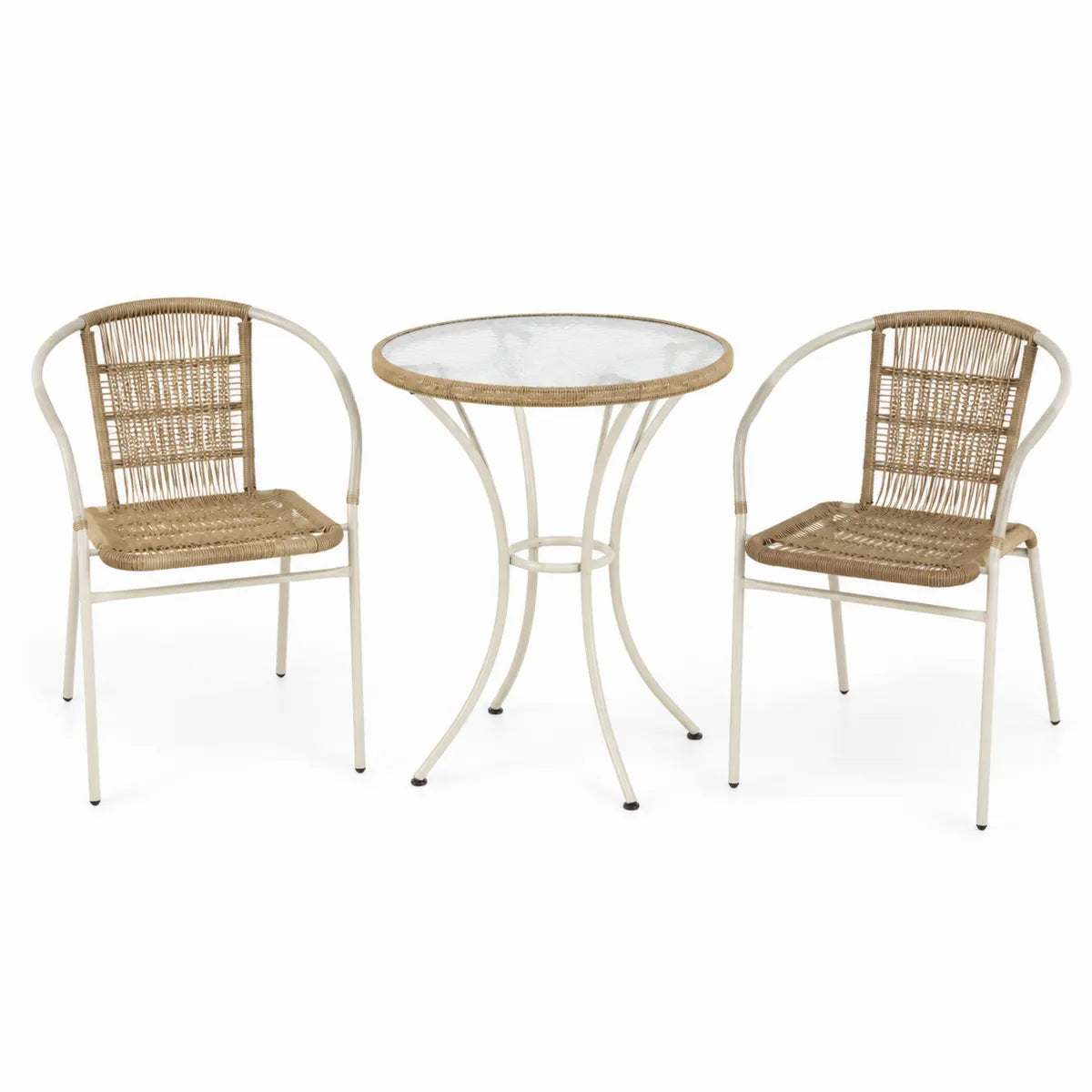 Zestaw mebli ogrodowych: stół okrągły ze szkła i 2 krzesła z rattanu
