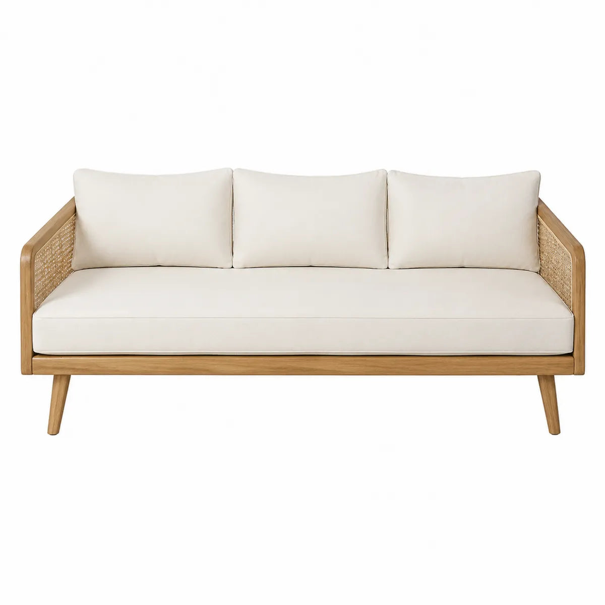 Sofa 3-osobowa z drewna teak i beżowej tkaniny