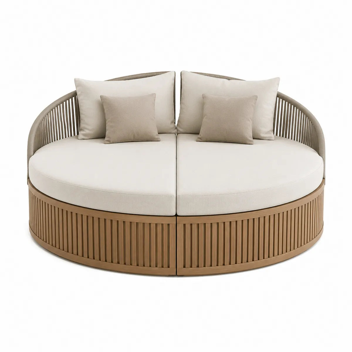 Okrągła sofa ogrodowa z drewna z poduszkami