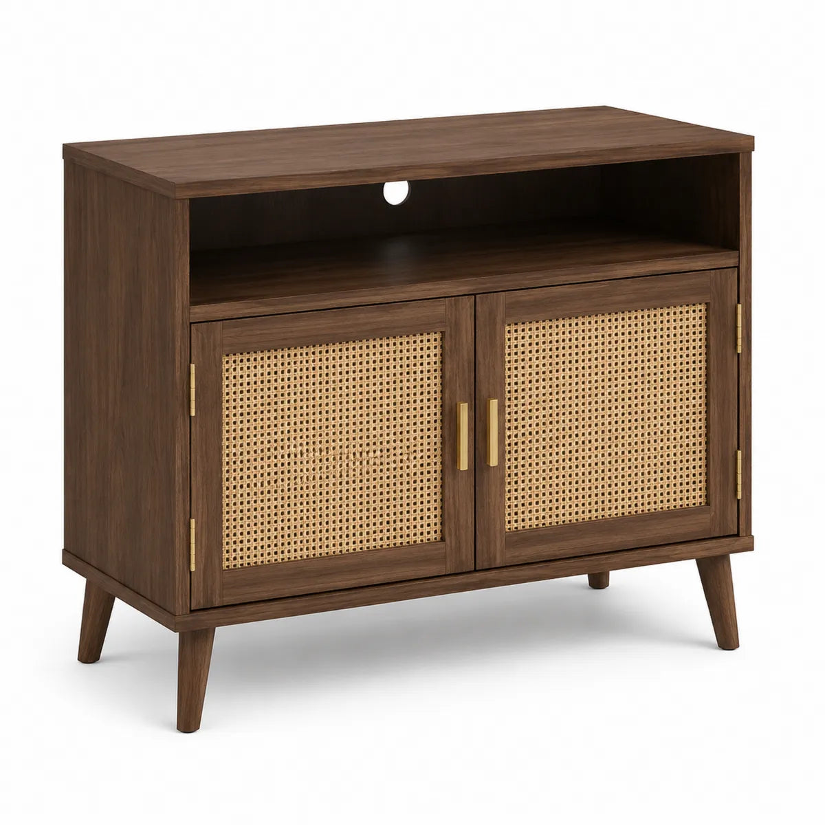 Szafka RTV z drewna z rattanowymi drzwiami brązowa 80x40x70cm