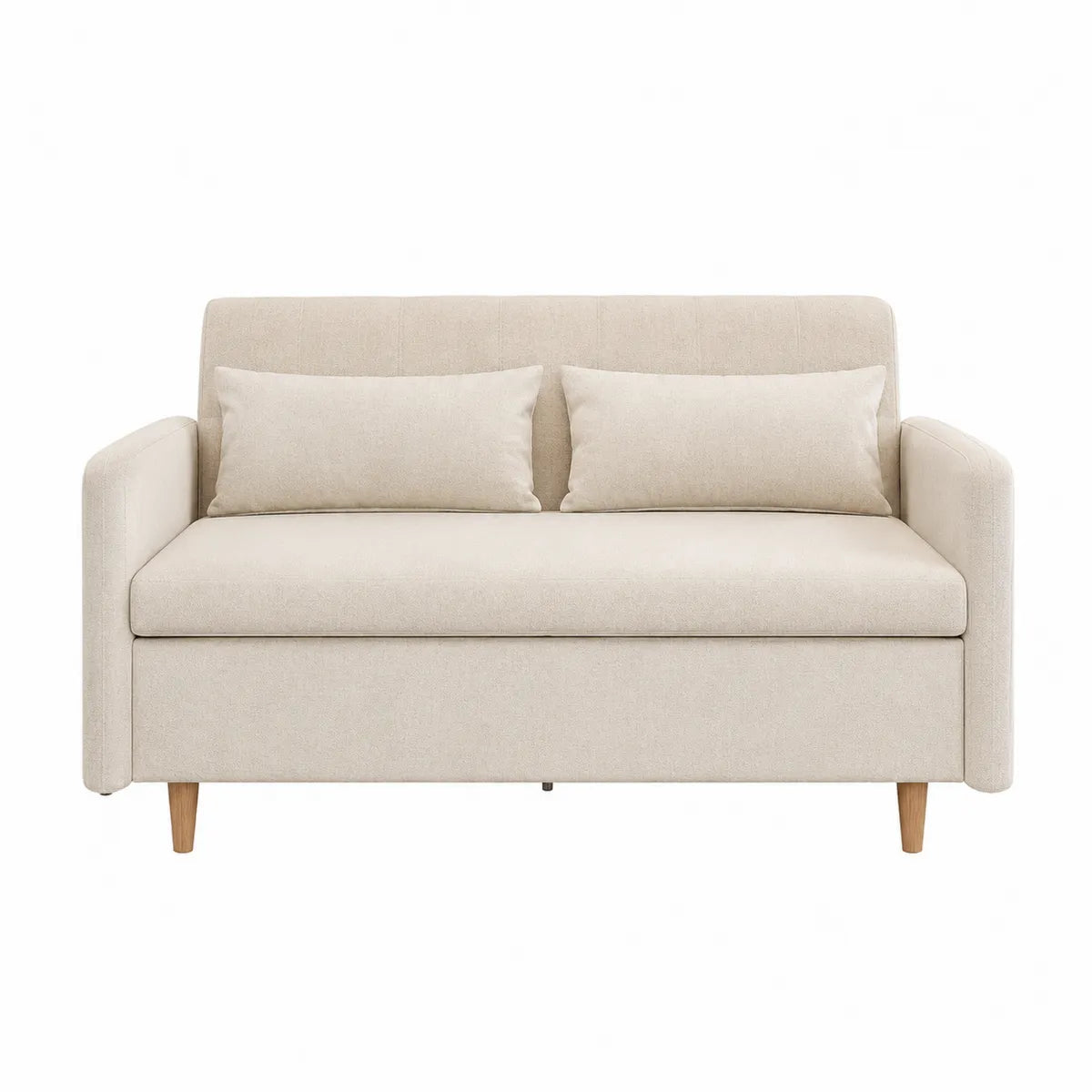 Sofa rozkładana kremowa z tkaniny i drewna bukowego