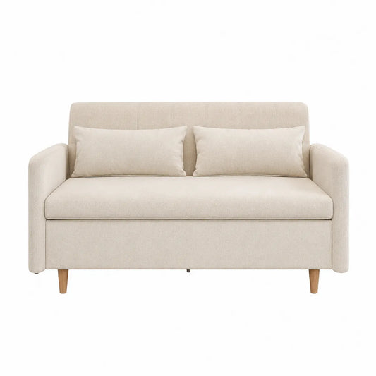 Sofa rozkładana kremowa z tkaniny i drewna bukowego