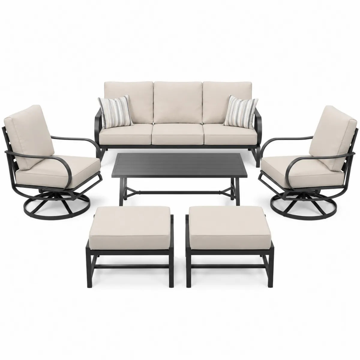Zestaw mebli ogrodowych z metalu i tkanin beżowy sofa 3-osobowa, fotele obrotowe, stolik kawowy, podnóżki