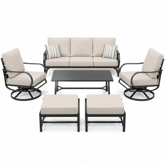 Zestaw mebli ogrodowych z metalu i tkanin beżowy sofa 3-osobowa, fotele obrotowe, stolik kawowy, podnóżki