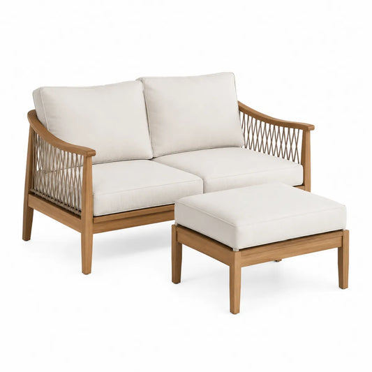 Drewniana sofa ogrodowa 2-osobowa z pufą i bawełnianymi poduszkami, beżowa