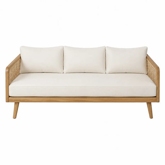 Sofa 3-osobowa z drewna teak i beżowej tkaniny