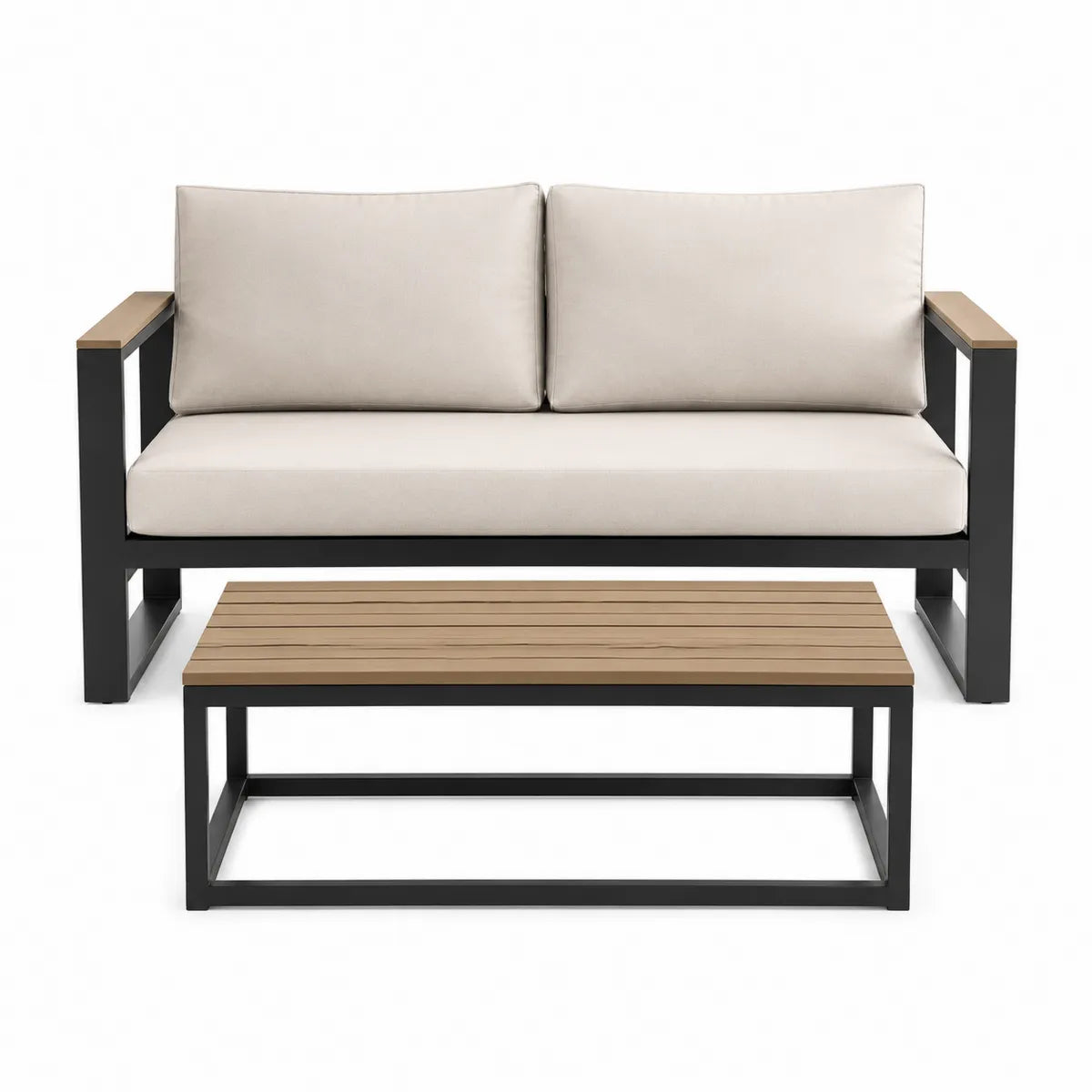 Zestaw mebli ogrodowych sofa i stolik z drewna i aluminium czarno-kremowy