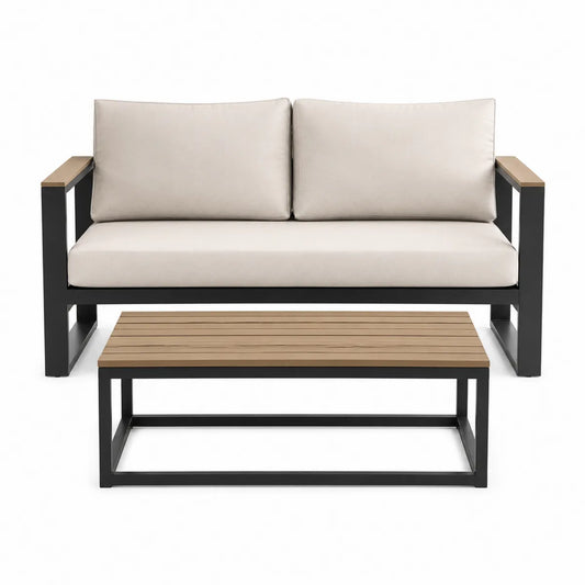 Zestaw mebli ogrodowych sofa i stolik z drewna i aluminium czarno-kremowy