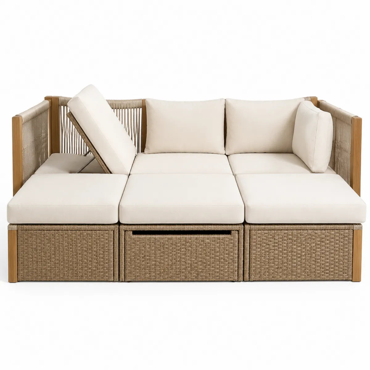Modułowa sofa z drewna tekowego i technorattanu z beżowymi poduszkami