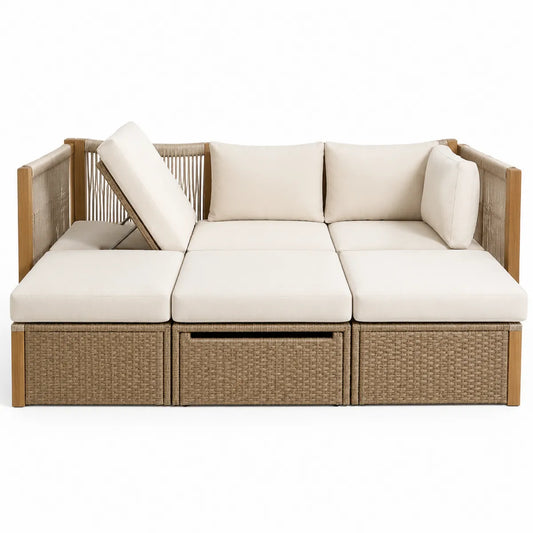 Modułowa sofa z drewna tekowego i technorattanu z beżowymi poduszkami