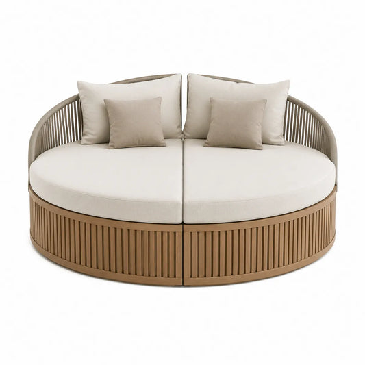 Okrągła sofa ogrodowa z drewna z poduszkami
