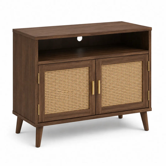 Szafka RTV z drewna z rattanowymi drzwiami brązowa 80x40x70cm