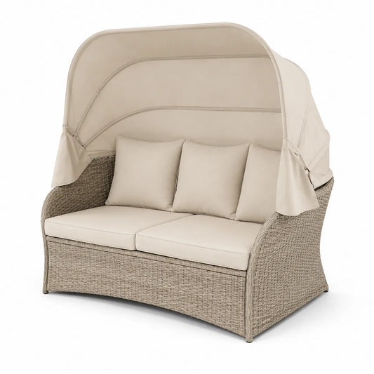 Sofa ogrodowa z baldachimem z rattanu PE beżowa 195 cm